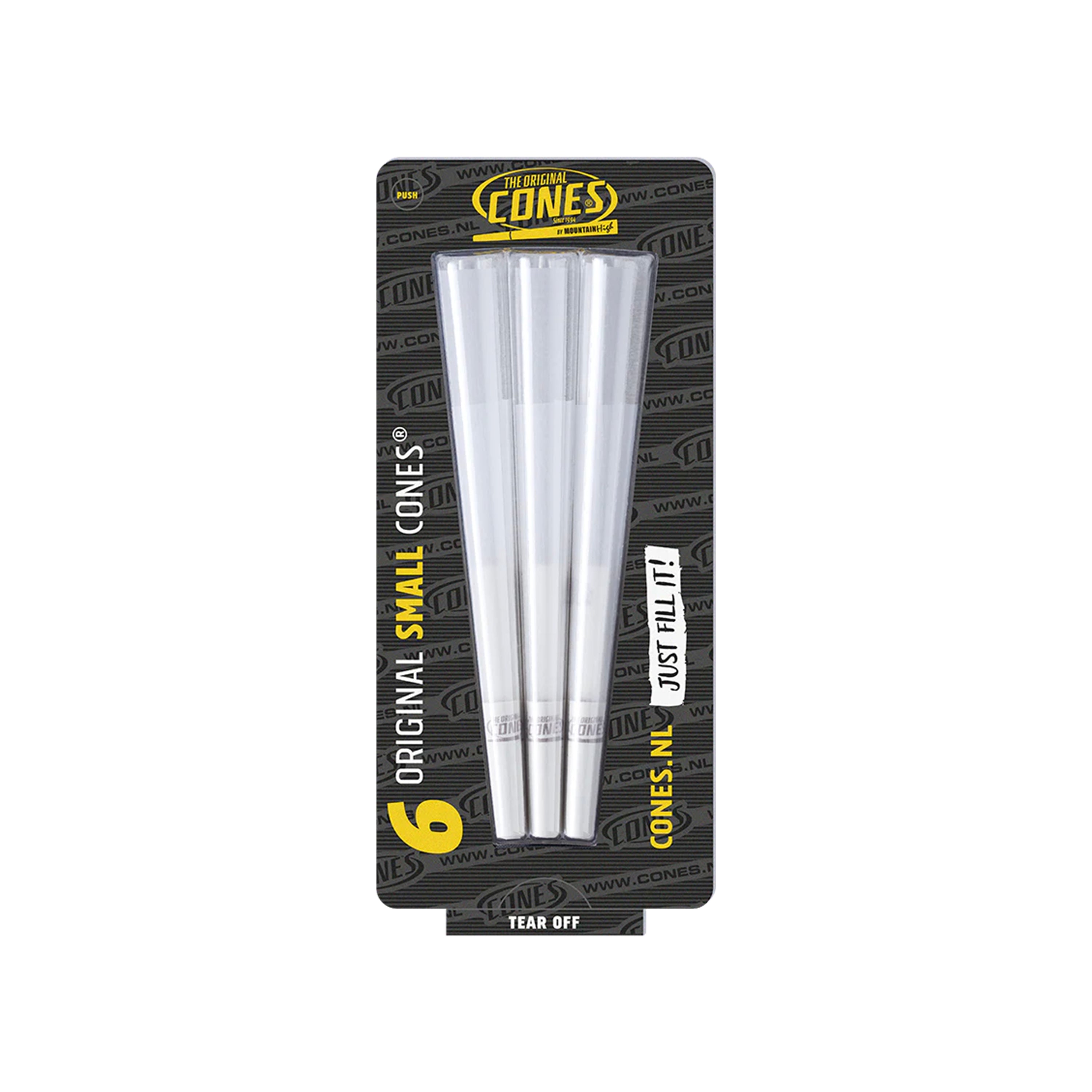 Small 1¼ Cones® von NL CONES im Blister Pack – 6 vorgerollte weiße Cones aus gebleichtem Original-Paper mit integriertem Fülltool, ideal für stilvollen Genuss unterwegs.